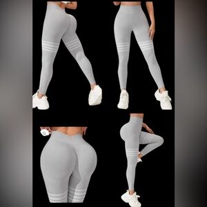 Light Gray Striped Knee Leggings Butt Lift Booty Gym Athletic Womens L.